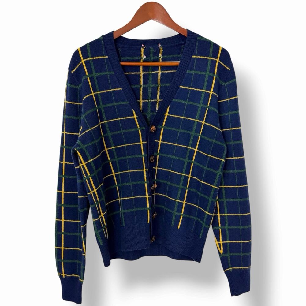 Vtg Brooks Brothers Tartan Plaid Lambswool Cardigan Sweater Elbow Patches M / L